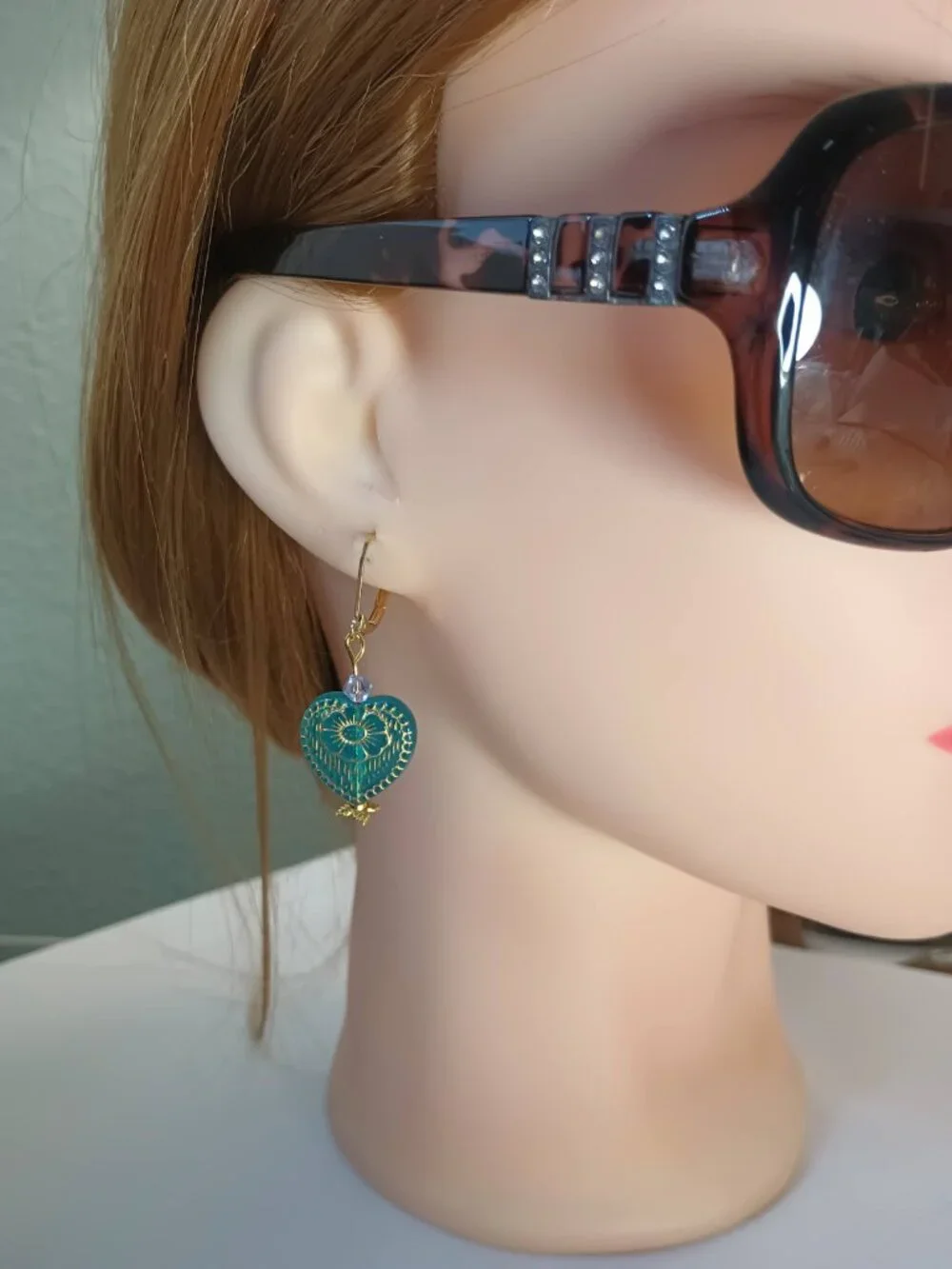 Translucent Teal & Gold Glass Heart Bead Earrings - Picture 5 of 5